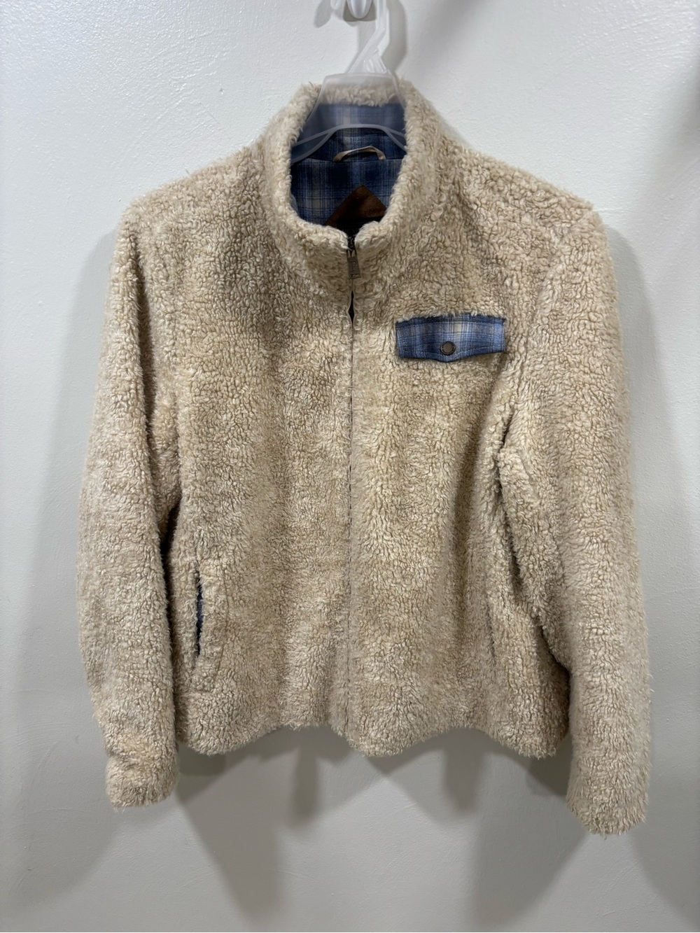 Pendleton Cream Sherpa Zip Jacket Women's XL Blue Plaid Trim